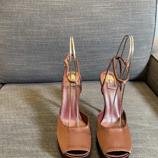 YSL 26S PLATFORM SANDALS 150 MM IN BROWN SATIN