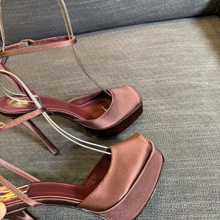 YSL 26S PLATFORM SANDALS 150 MM IN BROWN SATIN