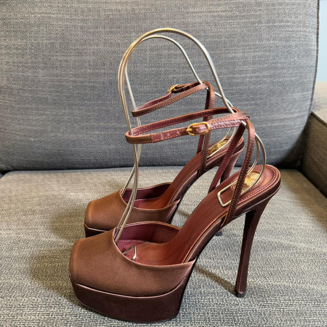 YSL 26S PLATFORM SANDALS 150 MM IN BROWN SATIN