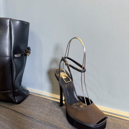 LA SCANDALE PLATFORM SANDALS IN TAUPE BROWN SATIN