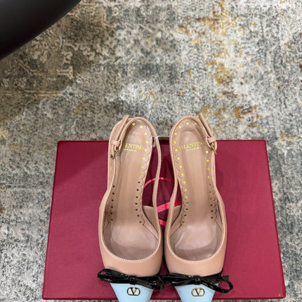 VALENTINO 26S BOW SLINGBACKS 75 MM IN NUDE AND LIGHT BLUE CALFSKIN