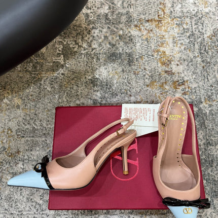 VALENTINO 26S BOW SLINGBACKS 75 MM IN NUDE AND LIGHT BLUE CALFSKIN