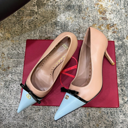 VALENTINO 26S BOW HIGH HEELS 75 MM IN NUDE AND LIGHT BLUE CALFSKIN