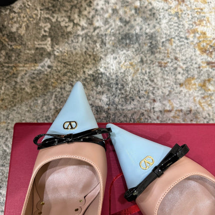 VALENTINO 26S BOW HIGH HEELS 75 MM IN NUDE AND LIGHT BLUE CALFSKIN