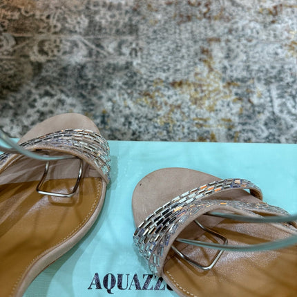 AQUAZZURA 26S HEELED SANDALS 95 MM IN BEIGE SUEDE CRYSTAL-EMBELLISHED STRAPS
