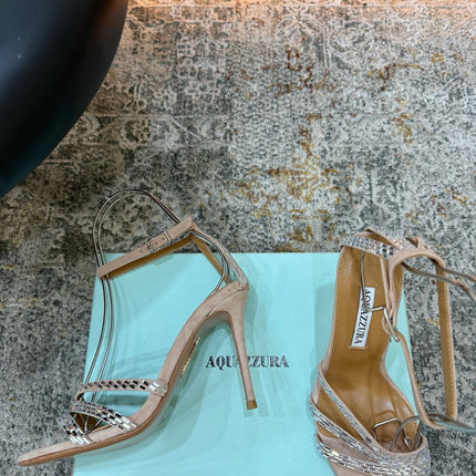 AQUAZZURA 26S HEELED SANDALS 95 MM IN BEIGE SUEDE CRYSTAL-EMBELLISHED STRAPS