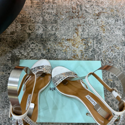 AQUAZZURA 26S HEELED SANDALS 95 MM IN OFF WHITE LEATHER CRYSTAL-EMBELLISHED STRAPS