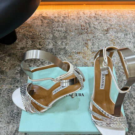 AQUAZZURA 26S HEELED SANDALS 95 MM IN OFF WHITE LEATHER CRYSTAL-EMBELLISHED STRAPS