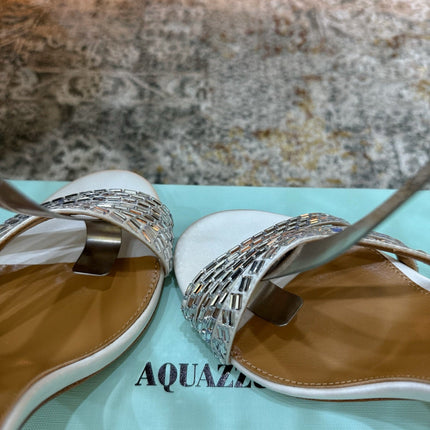 AQUAZZURA 26S HEELED SANDALS 95 MM IN OFF WHITE LEATHER CRYSTAL-EMBELLISHED STRAPS