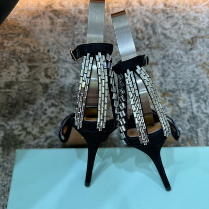 AQUAZZURA 26S HEELED SANDALS 95 MM IN BLACK SUEDE CRYSTAL-EMBELLISHED STRAPS