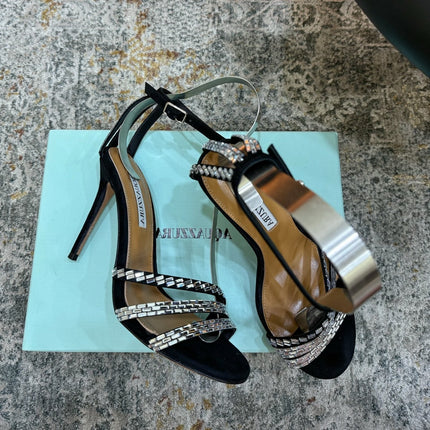 AQUAZZURA 26S HEELED SANDALS 95 MM IN BLACK SUEDE CRYSTAL-EMBELLISHED STRAPS