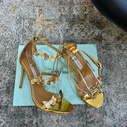AQUAZZURA 26S BUTTERFLY SANDALS 95 MM IN GOLD CALFSKIN