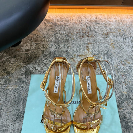 AQUAZZURA 26S BUTTERFLY SANDALS 95 MM IN GOLD CALFSKIN