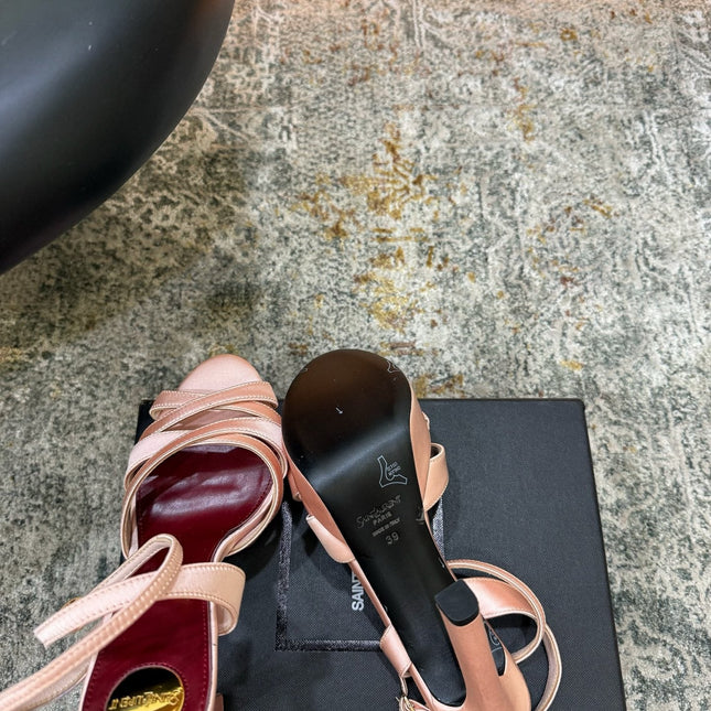 YSL 26S WOVEN-STRAP HIGH-HEEL SANDALS 130 MM IN LIGHT PINK SATIN