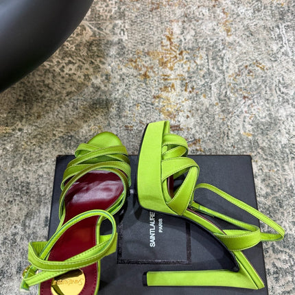 YSL 26S WOVEN-STRAP HIGH-HEEL SANDALS 130 MM IN GREEN SATIN