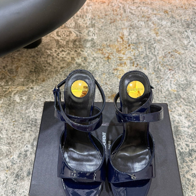 YSL 26S HIGH-HEEL SANDALS 130 MM IN NAVY BLUE GLOSSY CALFSKIN
