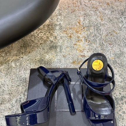 YSL 26S HIGH-HEEL SANDALS 130 MM IN NAVY BLUE GLOSSY CALFSKIN