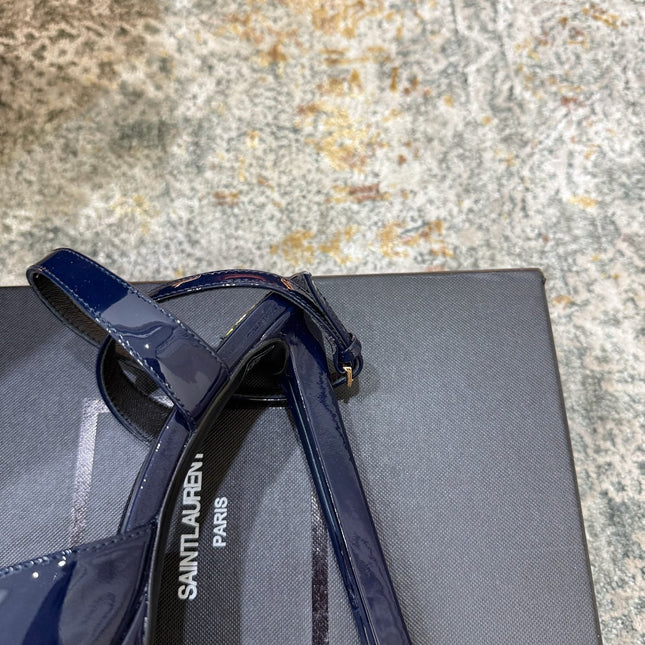 YSL 26S HIGH-HEEL SANDALS 130 MM IN NAVY BLUE GLOSSY CALFSKIN