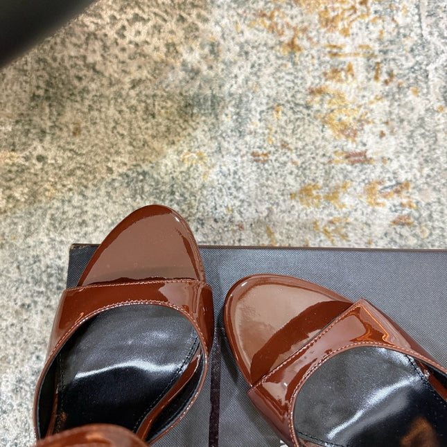 YSL 26S HIGH-HEEL SANDALS 130 MM IN CHESTNUT BROWN GLOSSY CALFSKIN