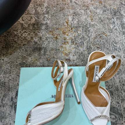 AQUAZZURA 26S PEEP-TOE SANDALS 100 MM IN WHITE MESH AND SATIN