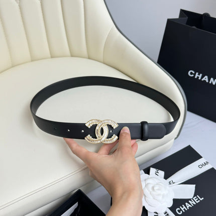 CC BELT 30MM IN BLACK SMOOTH CALFSKIN GOLD HARDWARE ATTACH RHINSTONE