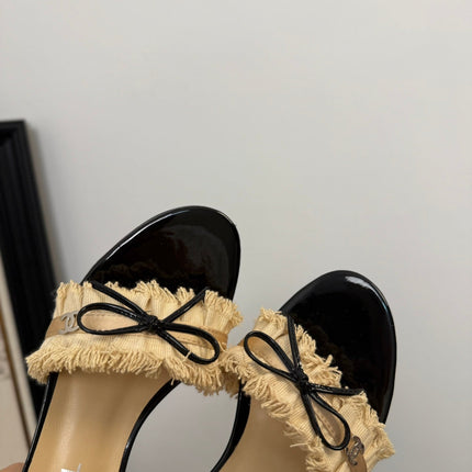 SAND YELLOW GROSGRAIN CANVAS BOW MULE SANDALS 65 MM