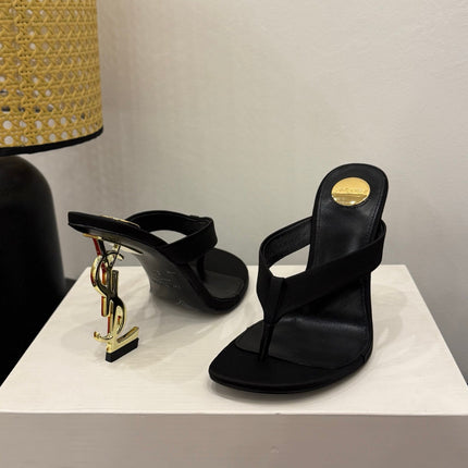 YSL 26S TOE-POST HIGH HEEL SANDALS IN BLACK SATIN