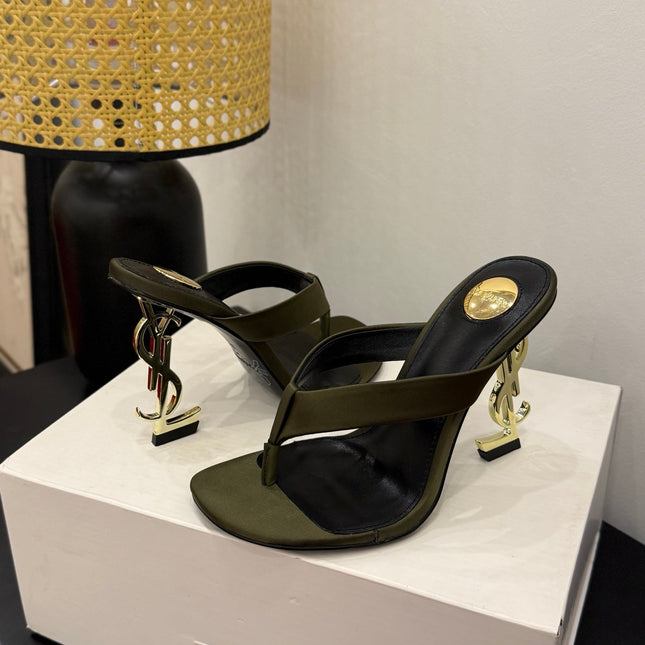 YSL 26S TOE-POST HIGH HEEL SANDALS IN MOSS GREEN SATIN