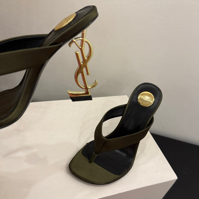 YSL 26S TOE-POST HIGH HEEL SANDALS IN MOSS GREEN SATIN