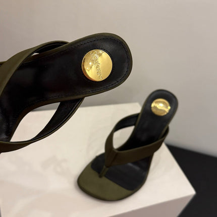 YSL 26S TOE-POST HIGH HEEL SANDALS IN MOSS GREEN SATIN