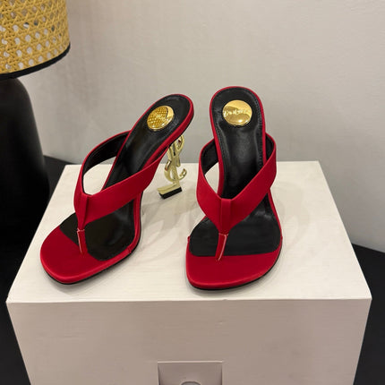 YSL 26S TOE-POST HIGH HEEL SANDALS IN RED SATIN