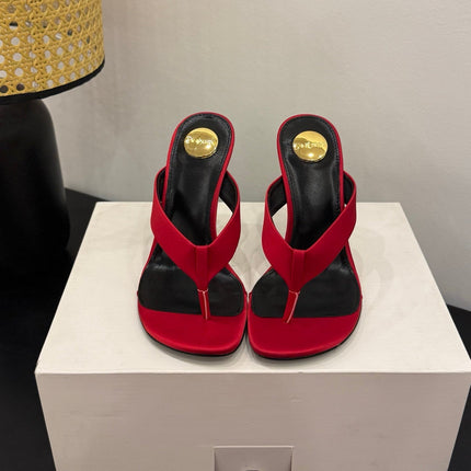 YSL 26S TOE-POST HIGH HEEL SANDALS IN RED SATIN