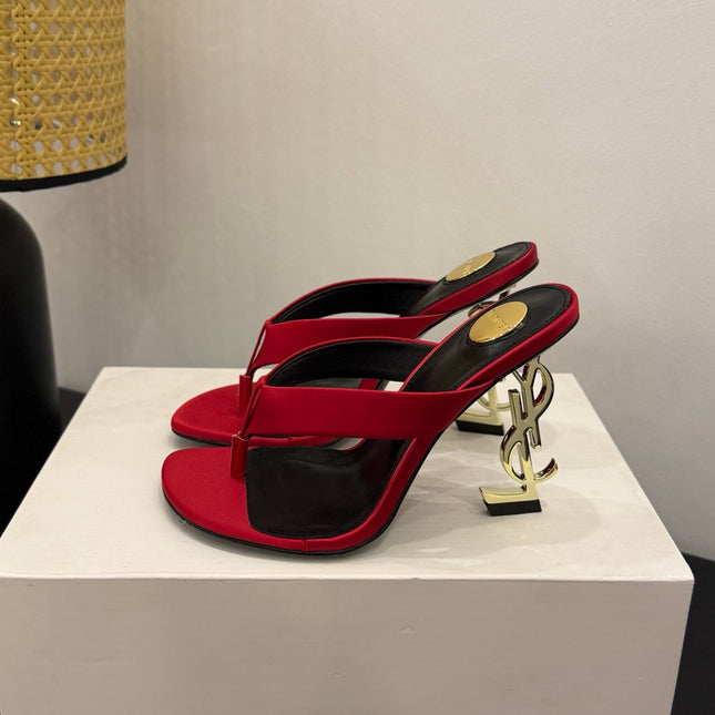 YSL 26S TOE-POST HIGH HEEL SANDALS IN RED SATIN