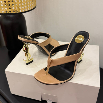 YSL 26S TOE-POST HIGH HEEL SANDALS IN SANDY BROWN SATIN