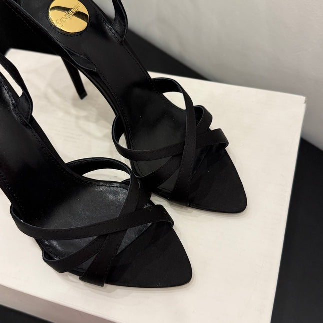 YSL 26S HIGH-HEELED SANDALS 105 MM IN BLACK SATIN