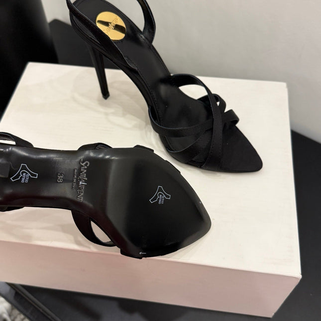 YSL 26S HIGH-HEELED SANDALS 105 MM IN BLACK SATIN
