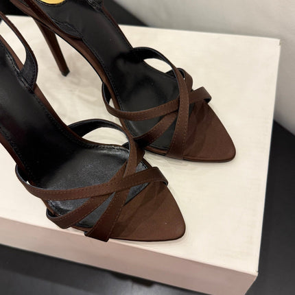 YSL 26S HIGH-HEELED SANDALS 105 MM IN DARK BROWN SATIN