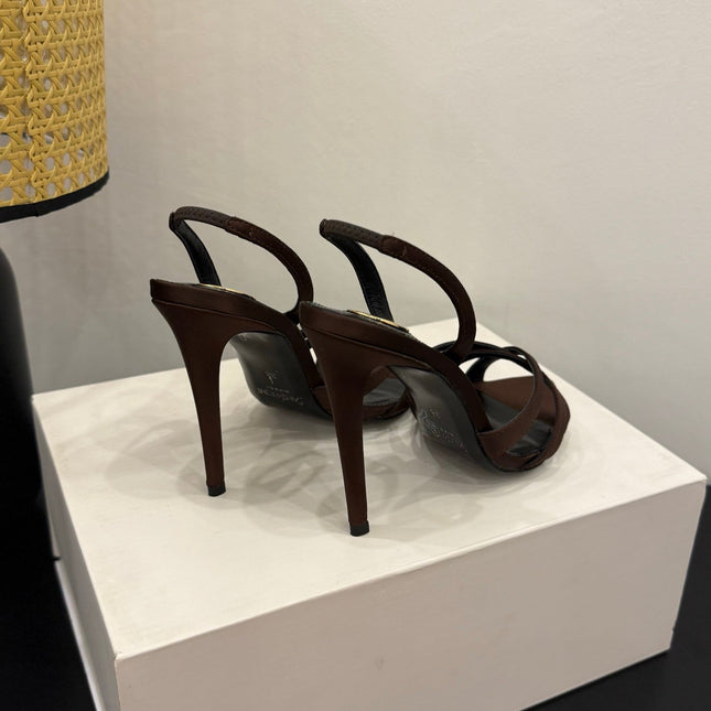 YSL 26S HIGH-HEELED SANDALS 105 MM IN DARK BROWN SATIN
