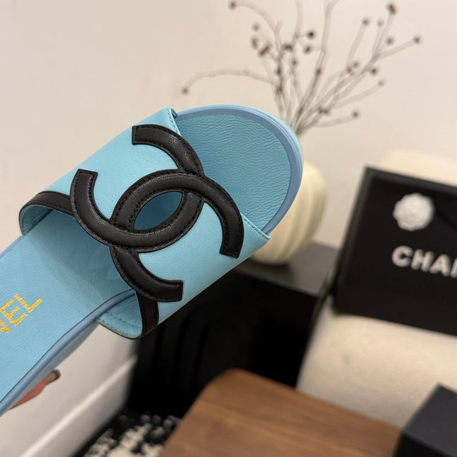 CHANEL 26S WEDGE SANDALS 95 MM IN PASTEL BLUE CALFSKIN