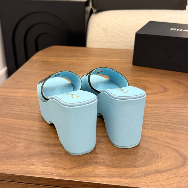 CHANEL 26S WEDGE SANDALS 95 MM IN PASTEL BLUE CALFSKIN