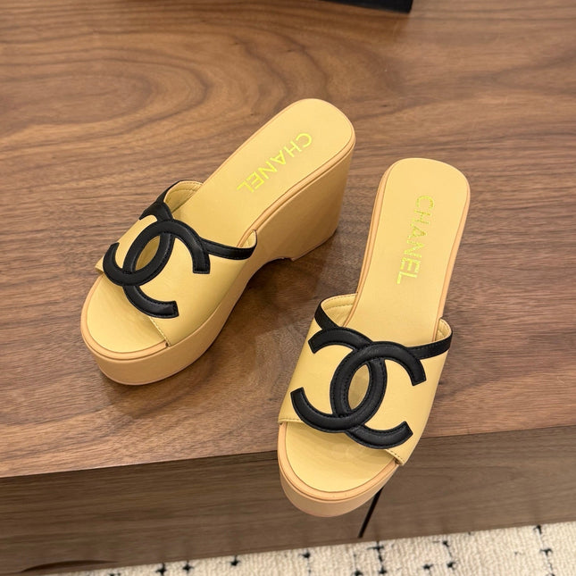 CHANEL 26S WEDGE SANDALS 95 MM IN PASTEL YELLOW CALFSKIN