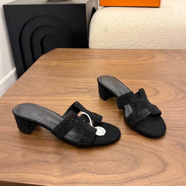 HM 26S OASIS SANDAL IN BLACK SUEDE WITH CRYSTALS