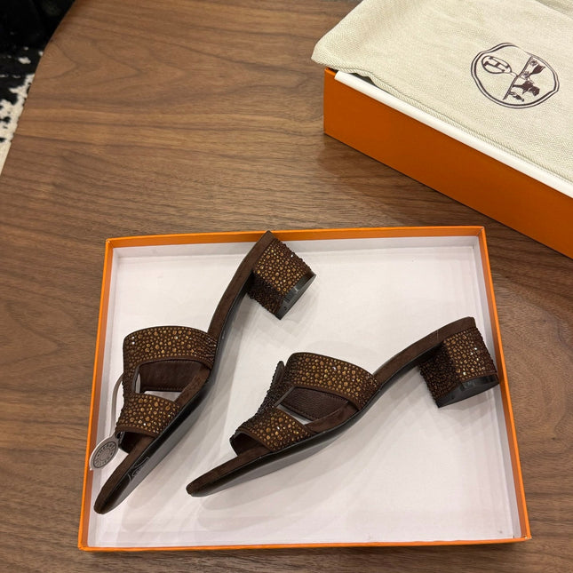 HM 26S OASIS SANDAL IN DARK BROWN SUEDE WITH CRYSTALS