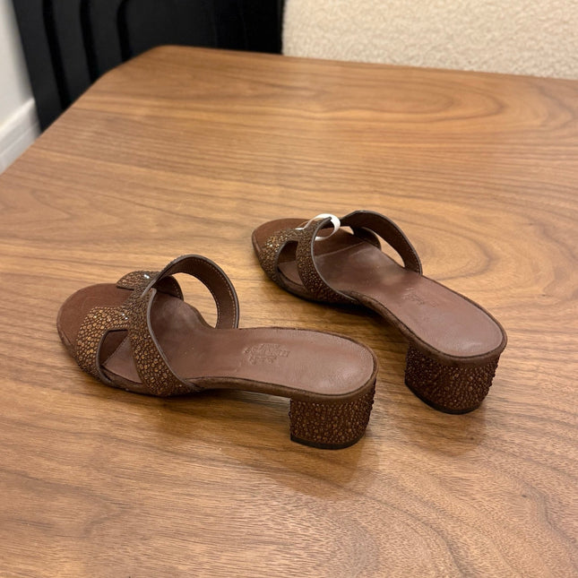 HM 26S OASIS SANDAL IN DARK BROWN SUEDE WITH CRYSTALS