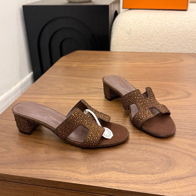 HM 26S OASIS SANDAL IN DARK BROWN SUEDE WITH CRYSTALS