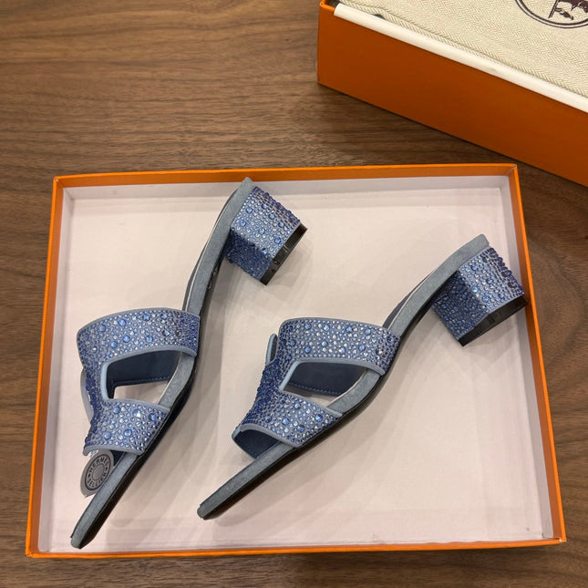 HM 26S OASIS SANDAL IN DUSTY BLUE SUEDE WITH CRYSTALS