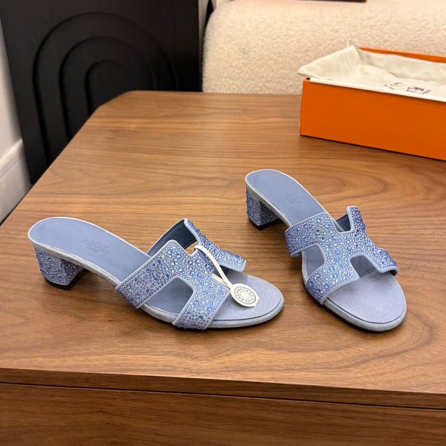 HM 26S OASIS SANDAL IN DUSTY BLUE SUEDE WITH CRYSTALS