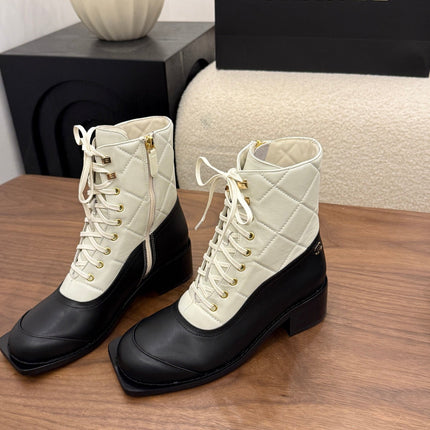 CHANEL 26S LACE UP HIGH TOP BOOTS 45 MM IN BLACK AND WHITE CALFSKIN
