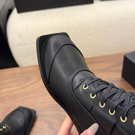 CHANEL 26S LACE UP HIGH TOP BOOTS 45 MM IN BLACK CALFSKIN