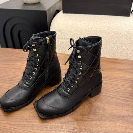 CHANEL 26S LACE UP HIGH TOP BOOTS 45 MM IN BLACK CALFSKIN